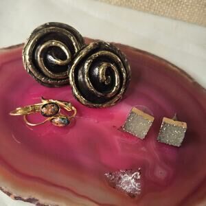 Vintage Lot Earring Sets: Chunky Spiral, Geode Cube Studs, & Bangle Hoop